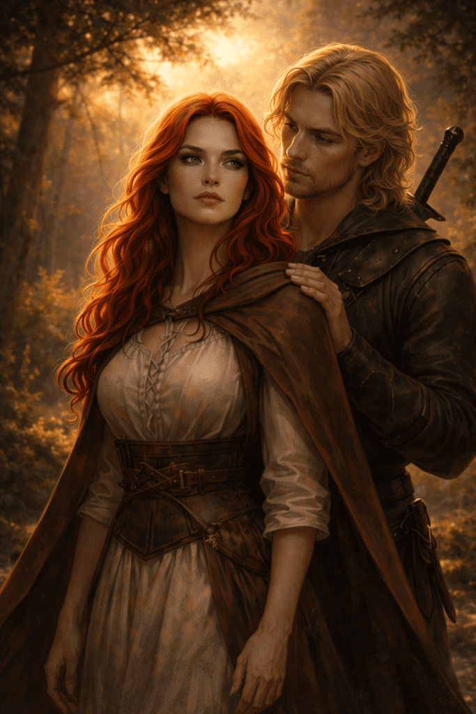 Fiery red-haired heroine standing in the foreground with a blond man blurred in the background looking at her supportively