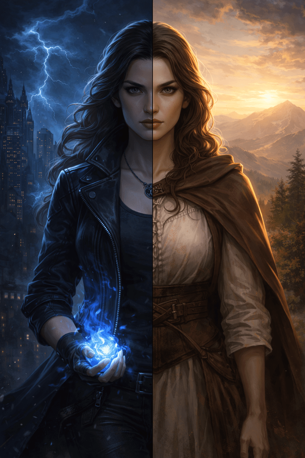 Split image of a heroine showing a fierce urban fantasy warrior on one side and a calm, self-possessed woman standing alone on the other