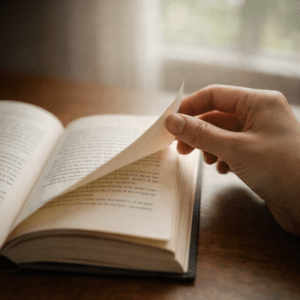 Hand turning a page in a book showing smooth, uninterrupted reading
