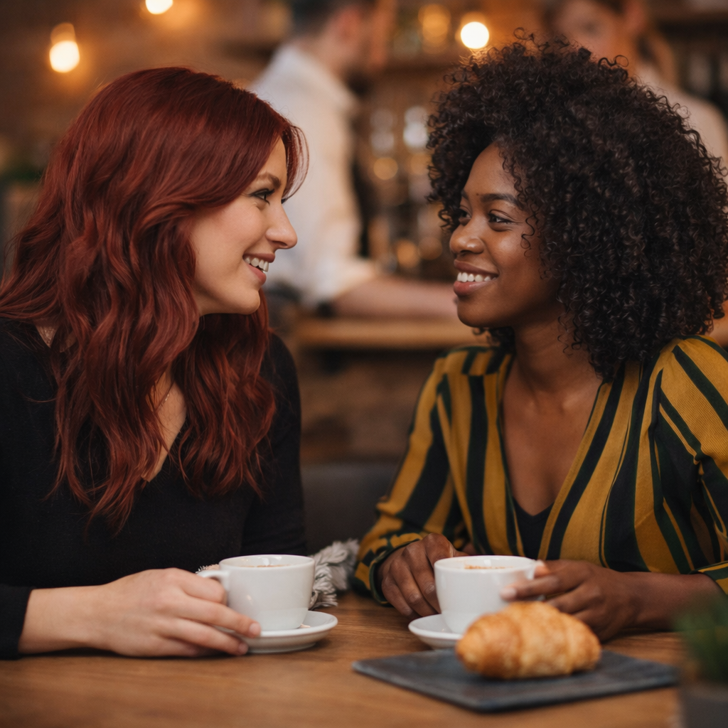 Two women talking at a cafe table with coffee cups, warm lights and blurred background