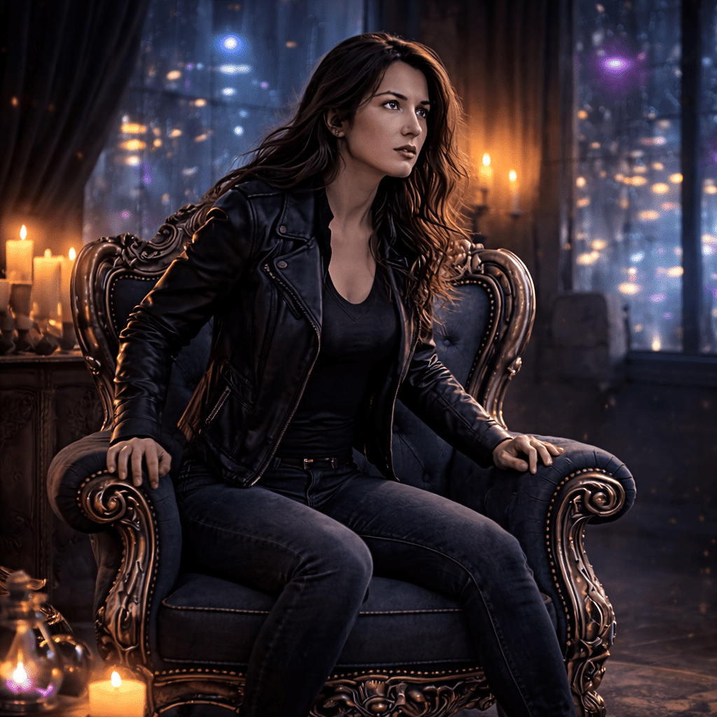 An urban fantasy heroine perched tensely on the edge of an ornate chair, gripping the armrests instead of relaxing.