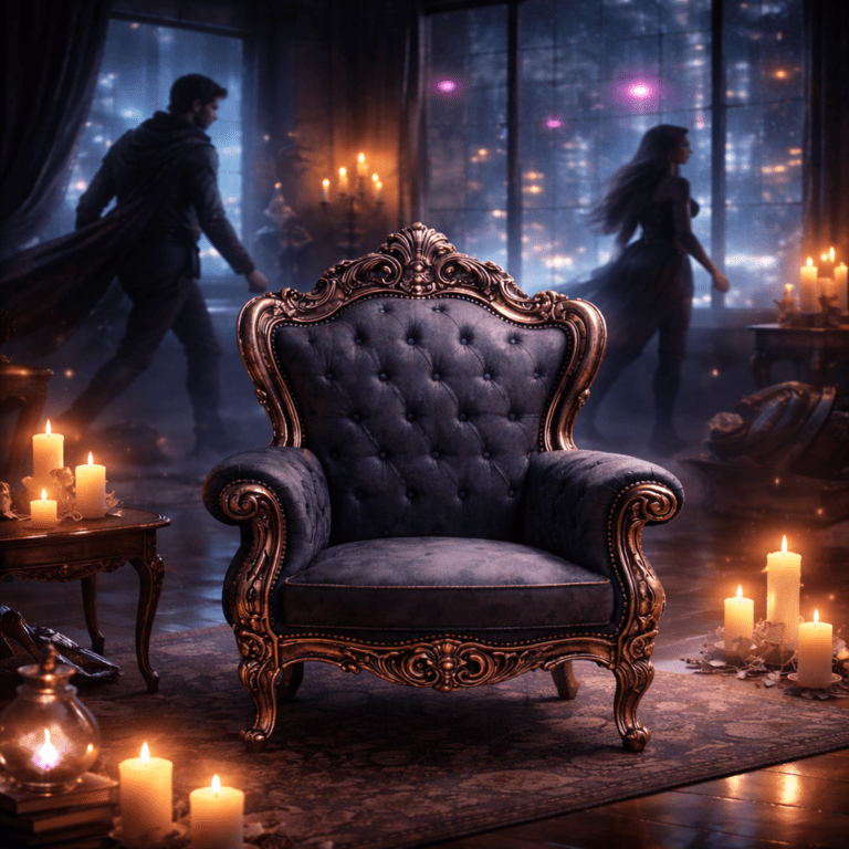 An empty chair in an urban fantasy setting while blurred characters pace and move around it, emphasizing constant motion and ignored stillness.