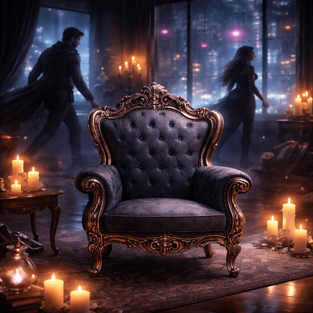 An empty chair in an urban fantasy setting while blurred characters pace and move around it, emphasizing constant motion and ignored stillness.