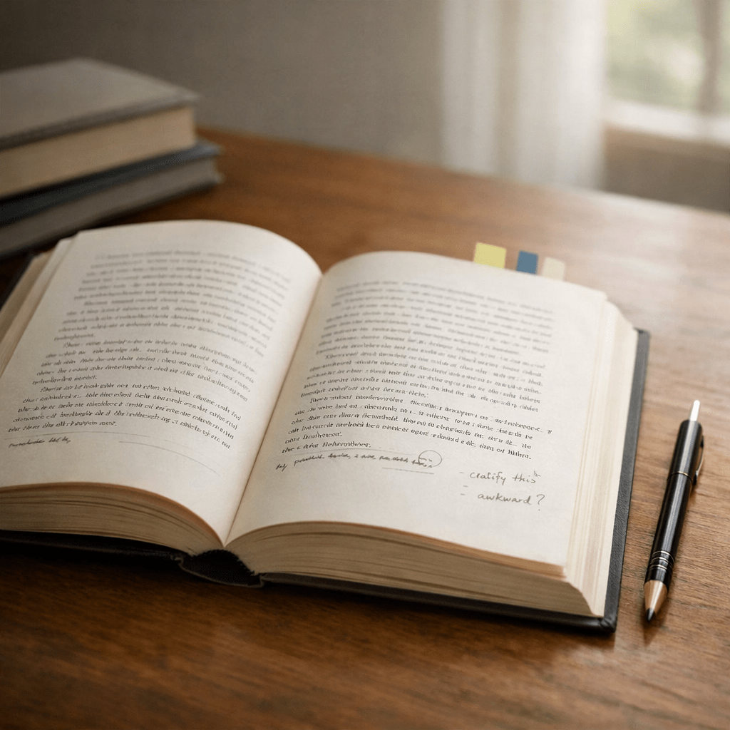 Open book with subtle pencil notes and page flags showing quiet editing work