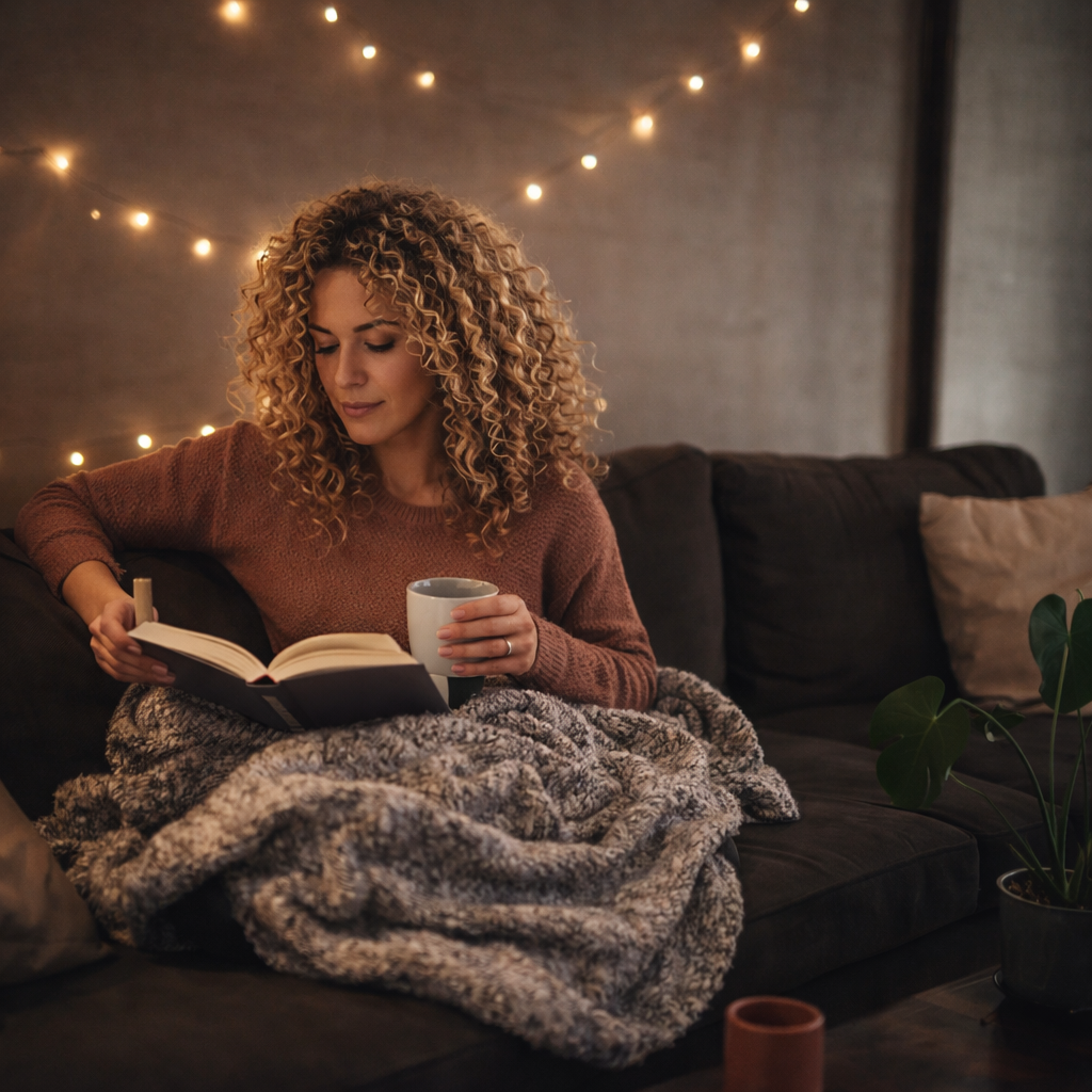 Woman with curly blonde hair reading a book on a couch under a blanket in warm indoor light