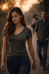 Woman walking ahead alone while a man stands behind her slightly out of focus